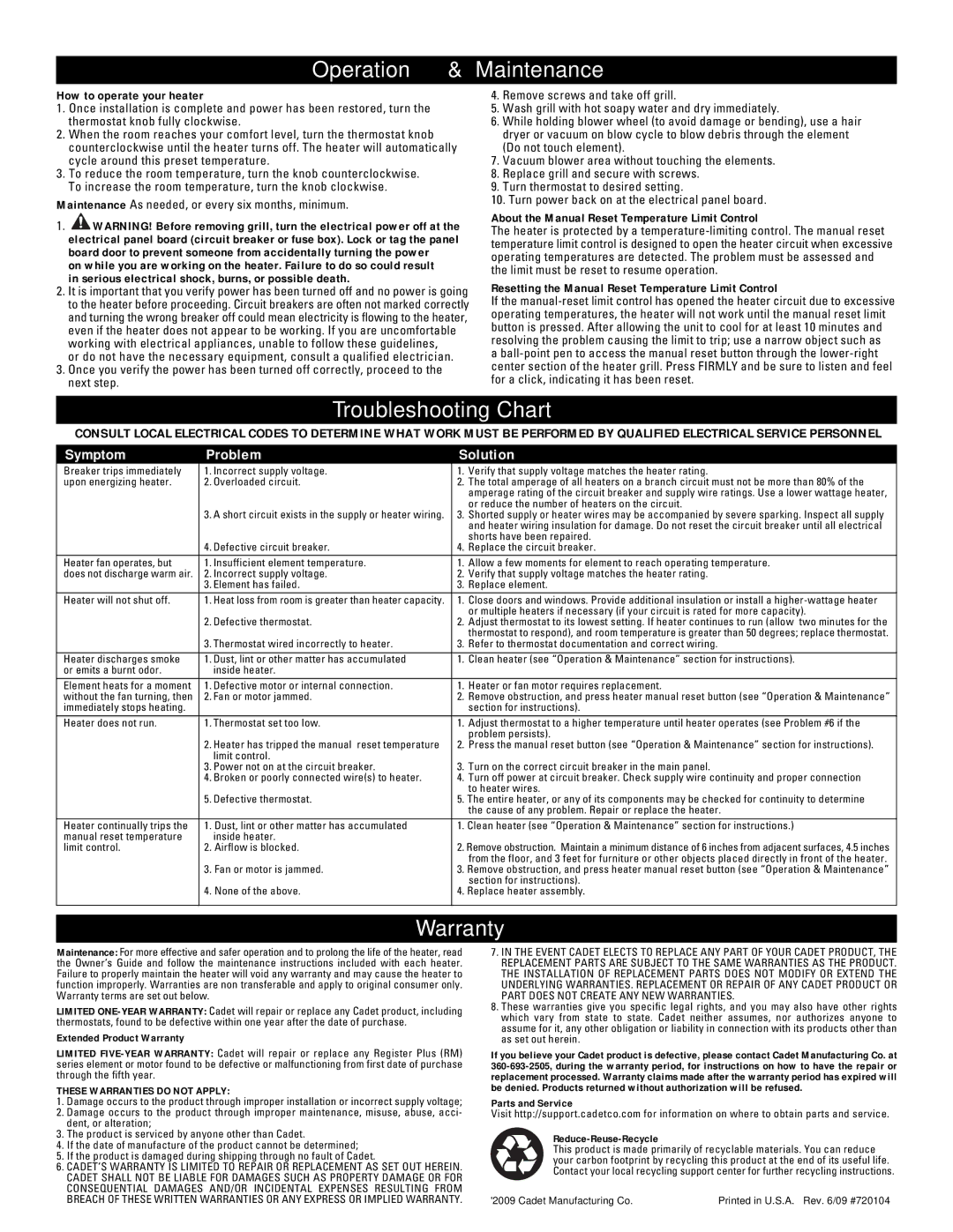 Cadet RM151, RM208, RM162, RM202, RM108 Operation & Maintenance, Troubleshooting Chart, Warranty, Symptom Problem Solution 