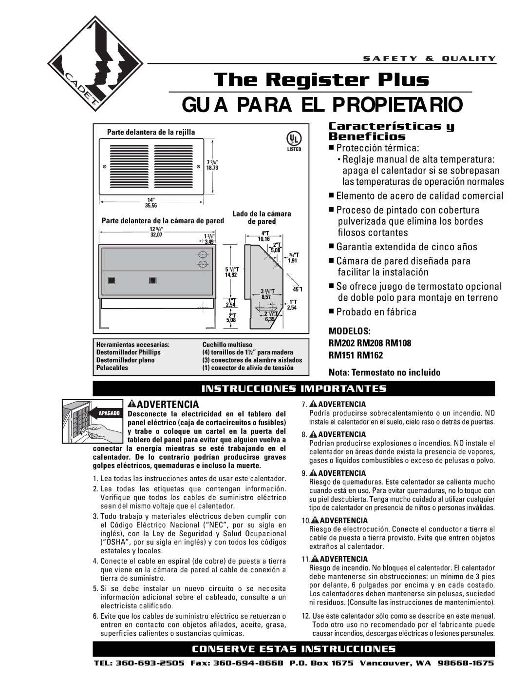 Cadet RM208, RM162, RM202, RM108, RM151 Guía Para EL Propietario, Características y Beneficios, Instrucciones Importantes 