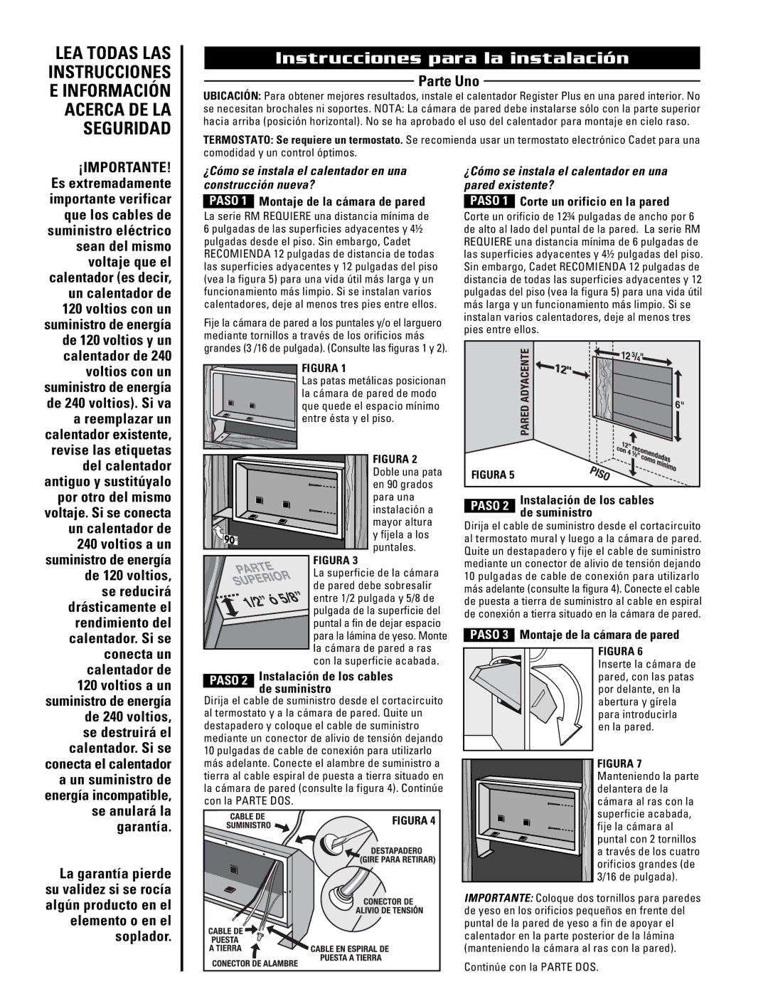 Cadet RM162, RM208, RM202 Instrucciones para la instalación, Parte Uno, Paso, Instalación de los cables, De suministro 