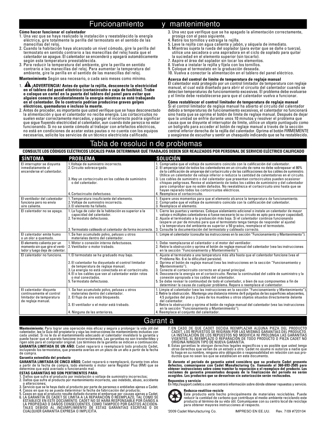 Cadet RM108, RM208 Funcionamiento y mantenimiento, Tabla de resolución de problemas, Garantía, Síntoma Problema Solución 