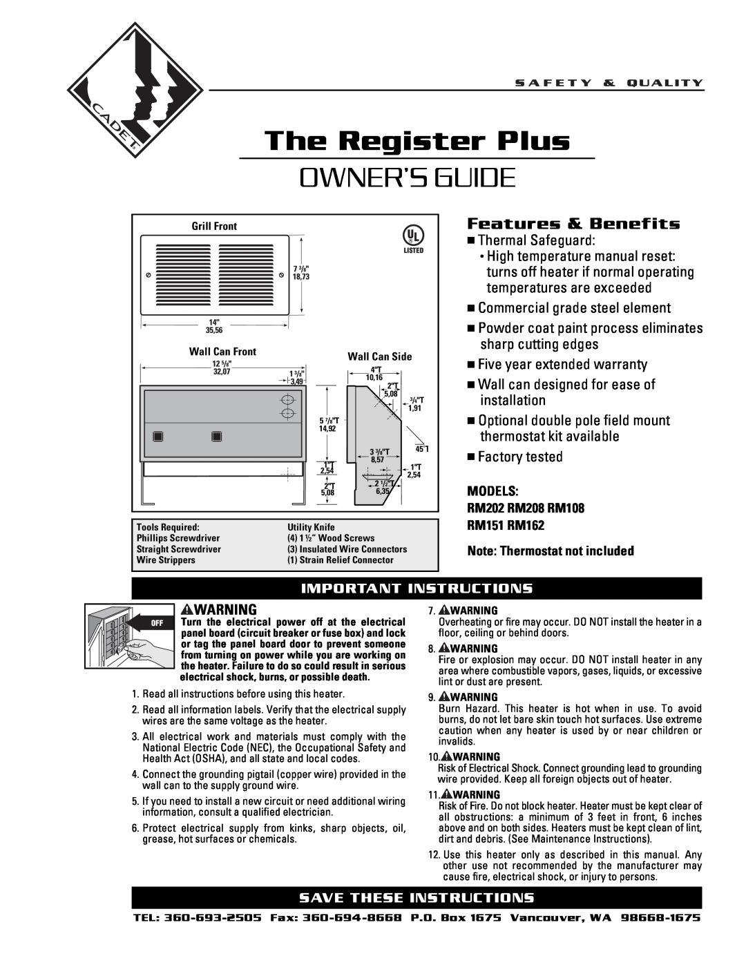 Cadet RM162 warranty The Register Plus, Owner’S Guide, Features & Benefits, Thermal Safeguard, Five year extended warranty 