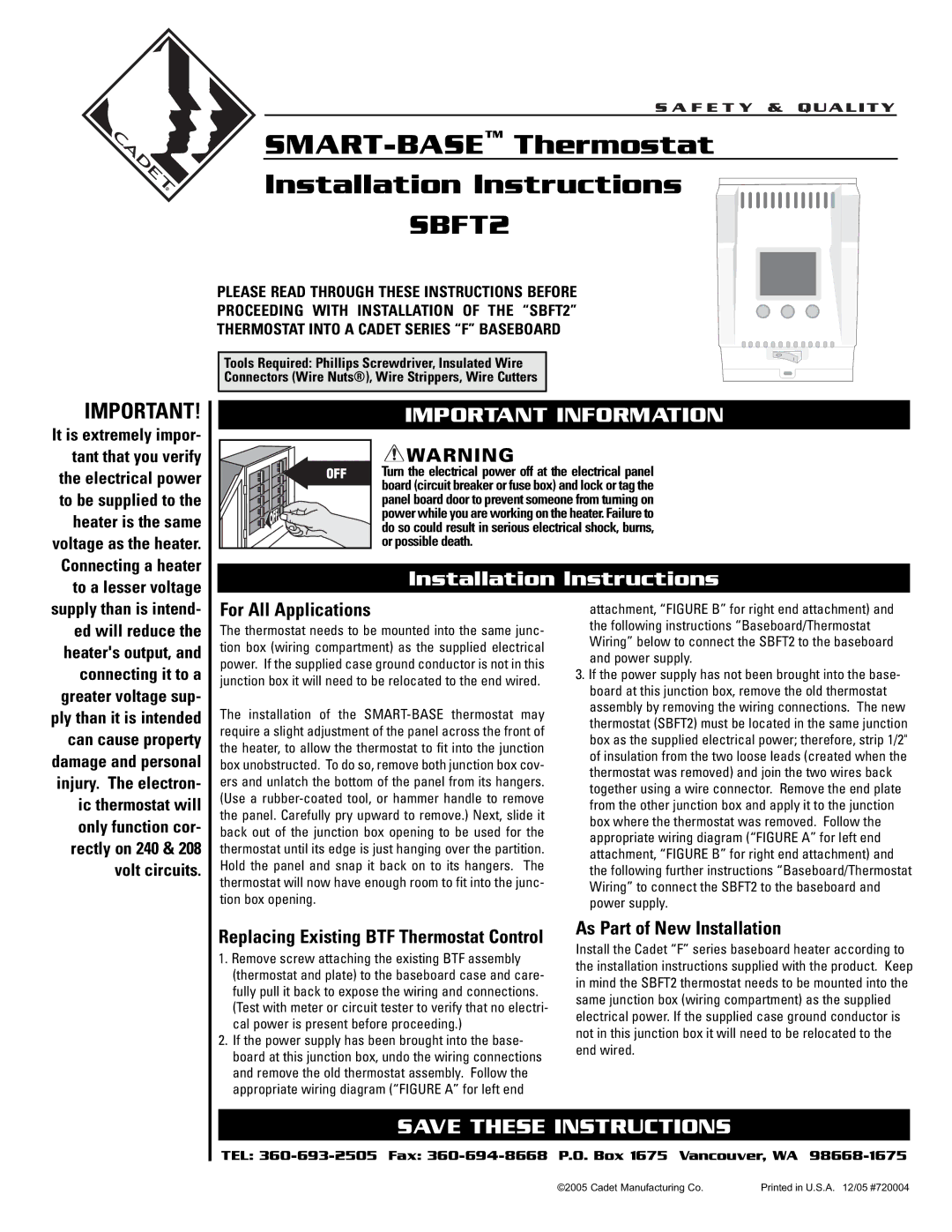 Cadet SBFT2 installation instructions Important Information, Installation Instructions, For All Applications 