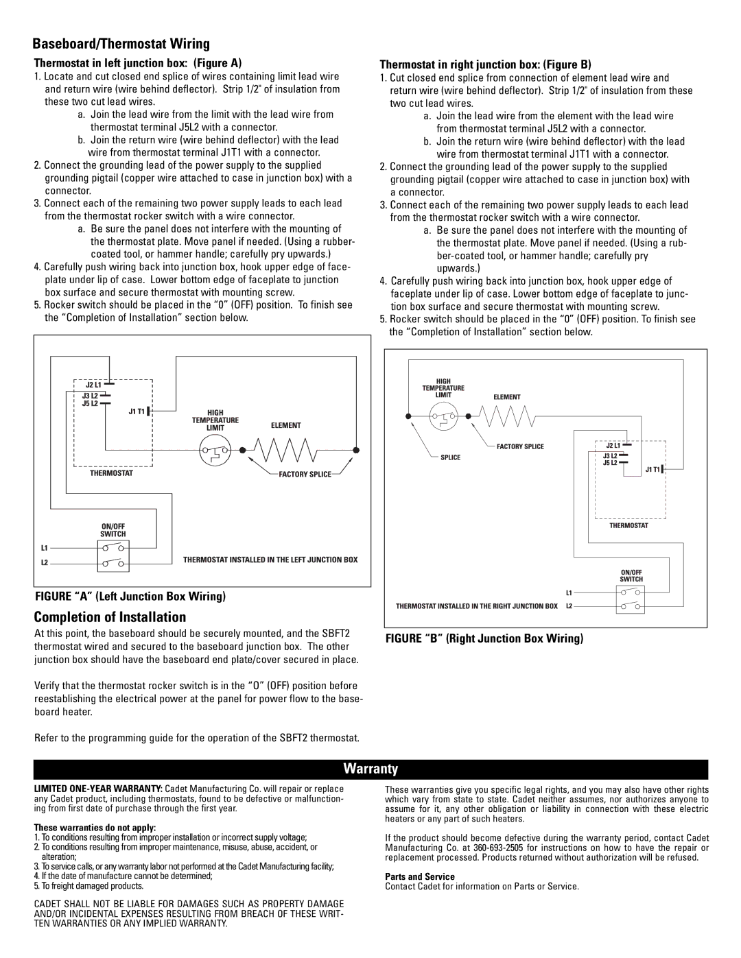 Cadet SBFT2 Baseboard/Thermostat Wiring, Completion of Installation, Thermostat in left junction box Figure a 