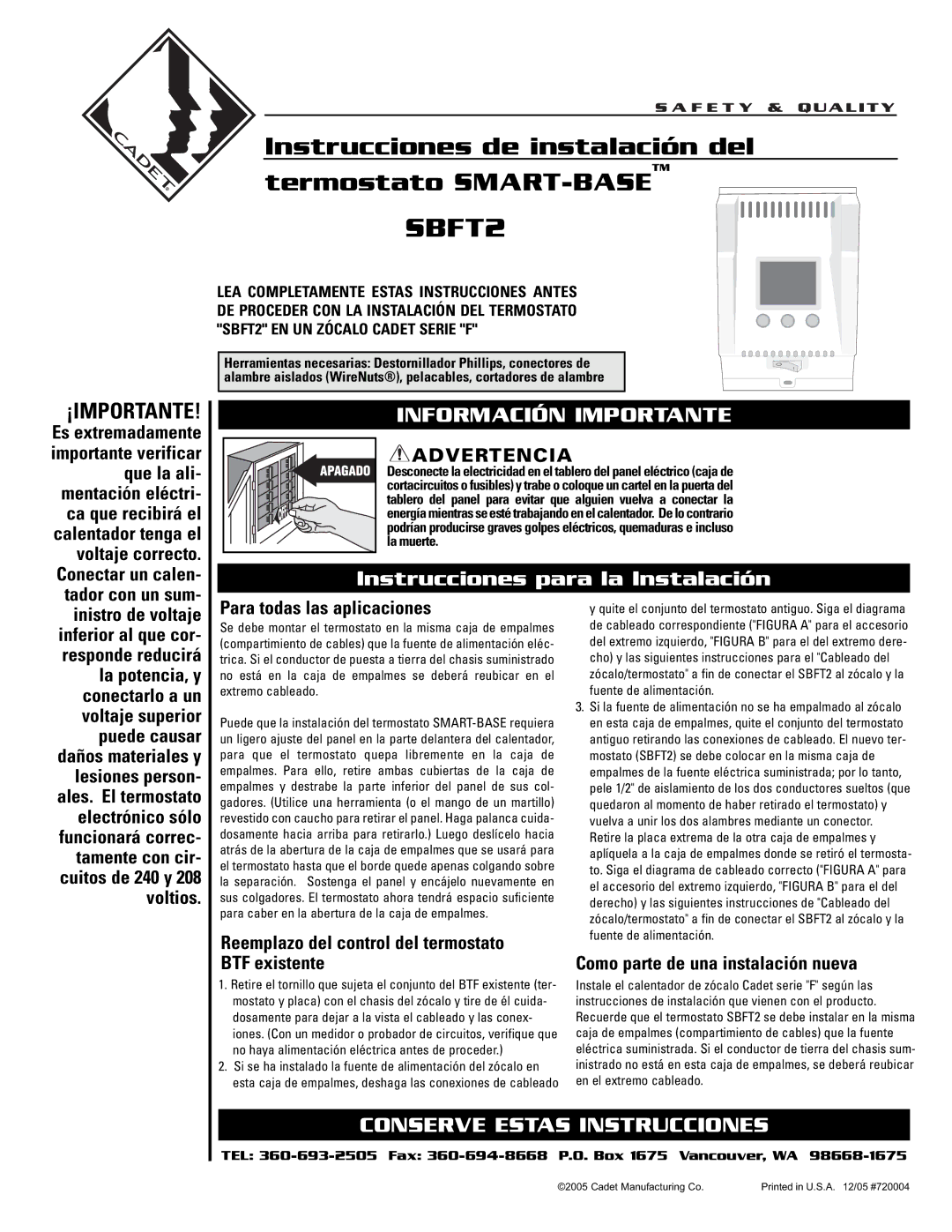 Cadet SBFT2 Información Importante, Instrucciones para la Instalación, Conserve Estas Instrucciones 