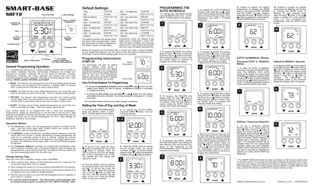 Cadet SBFT2 Programming Instructions, General Programming Operation, Setting the Time of Day and Day of Week, Start UP 