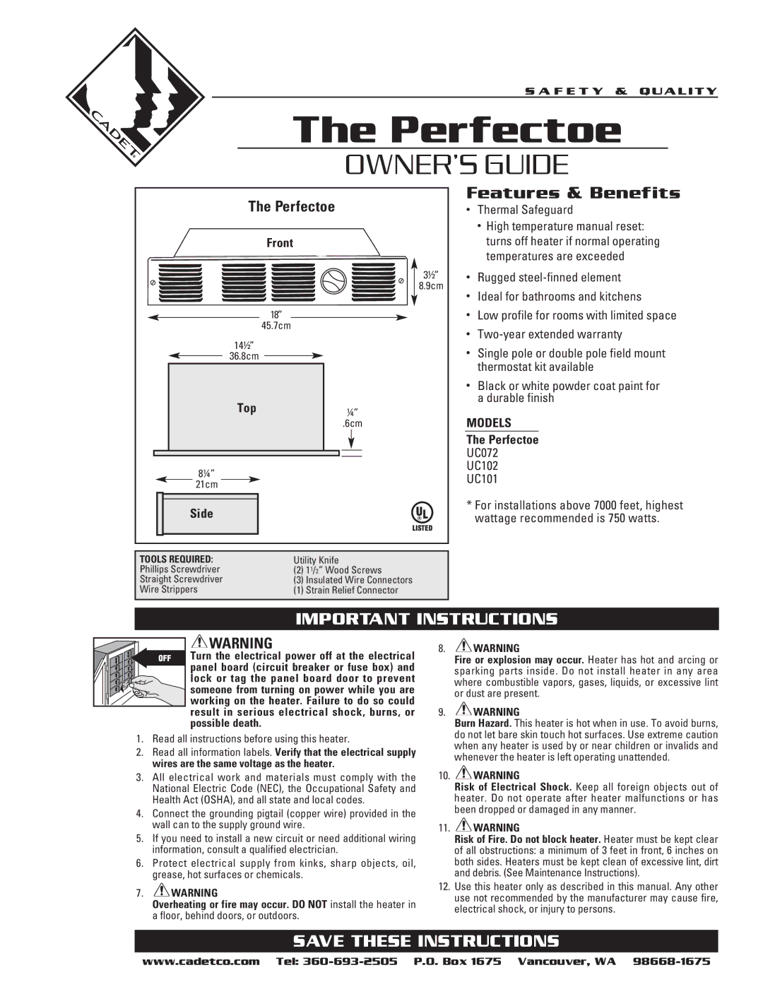 Cadet UC072, UC101, UC102 warranty OWNER’S Guide, Features & Benefits, Important Instructions, Perfectoe, Models 