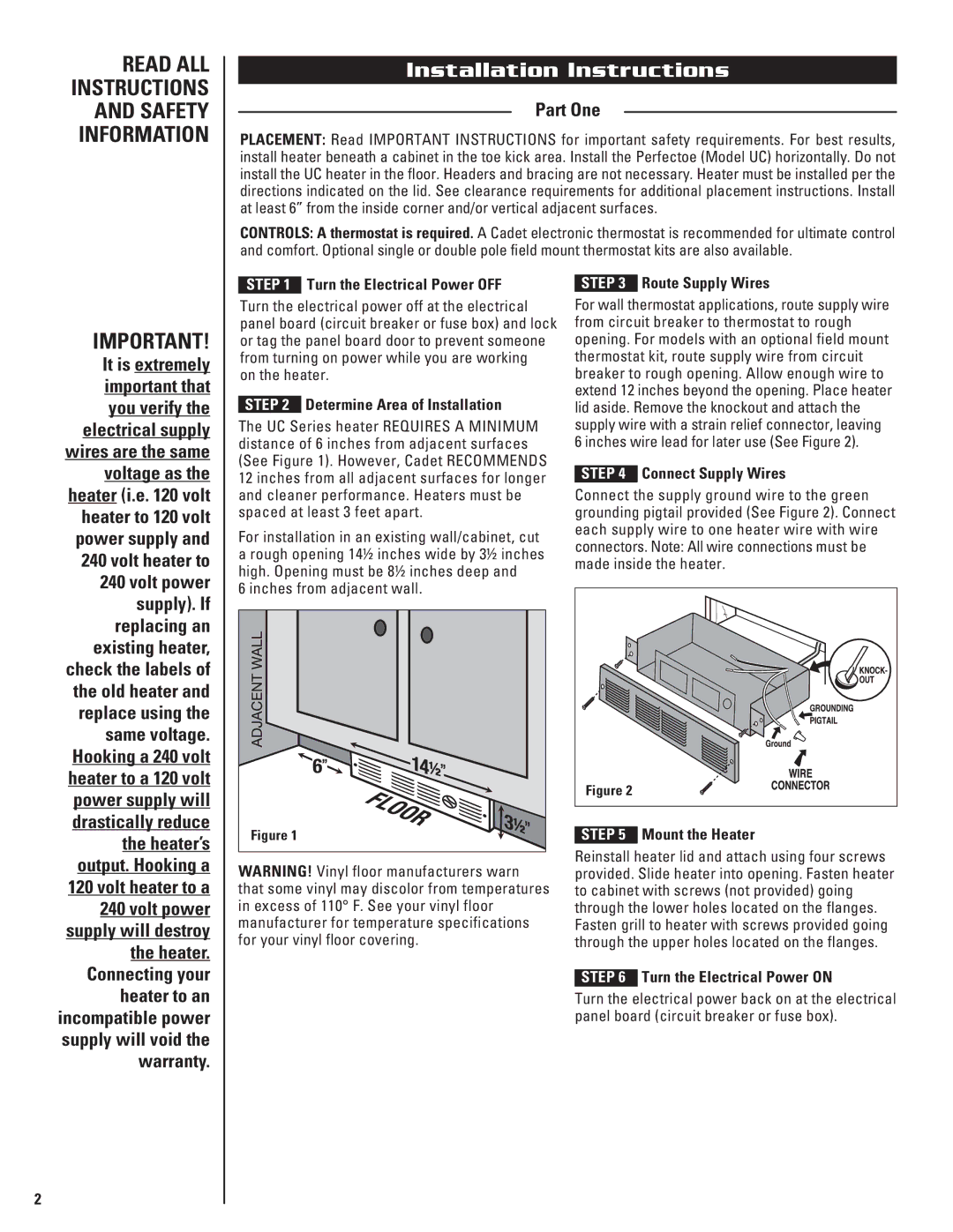 Cadet UC102, UC101, UC072 warranty Installation Instructions, Part One 