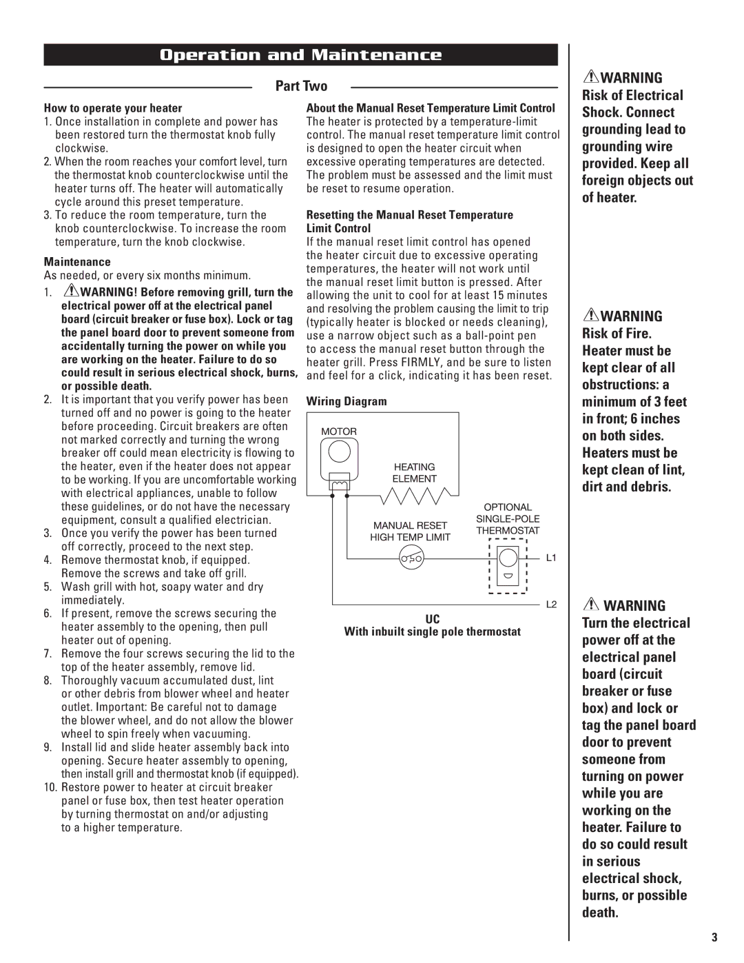 Cadet UC101, UC072, UC102 warranty Operation and Maintenance, Part Two, How to operate your heater 