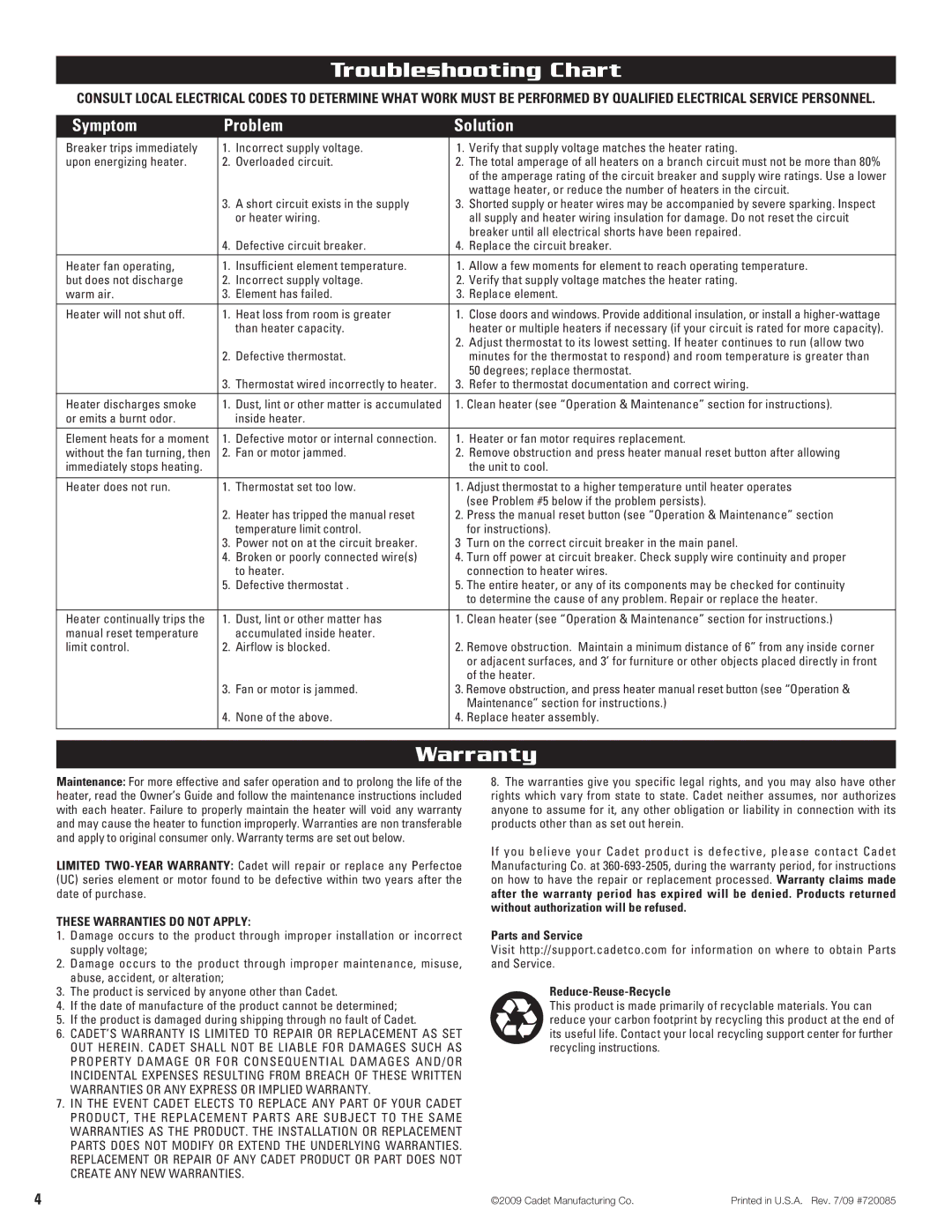 Cadet UC072, UC101, UC102 warranty Troubleshooting Chart, Warranty, Symptom Problem Solution, These Warranties do not Apply 