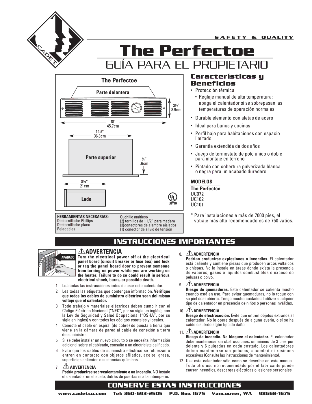 Cadet UC102, UC101, UC072 warranty Guía Para EL Propietario, Características y Beneficios, Instrucciones Importantes, Modelos 