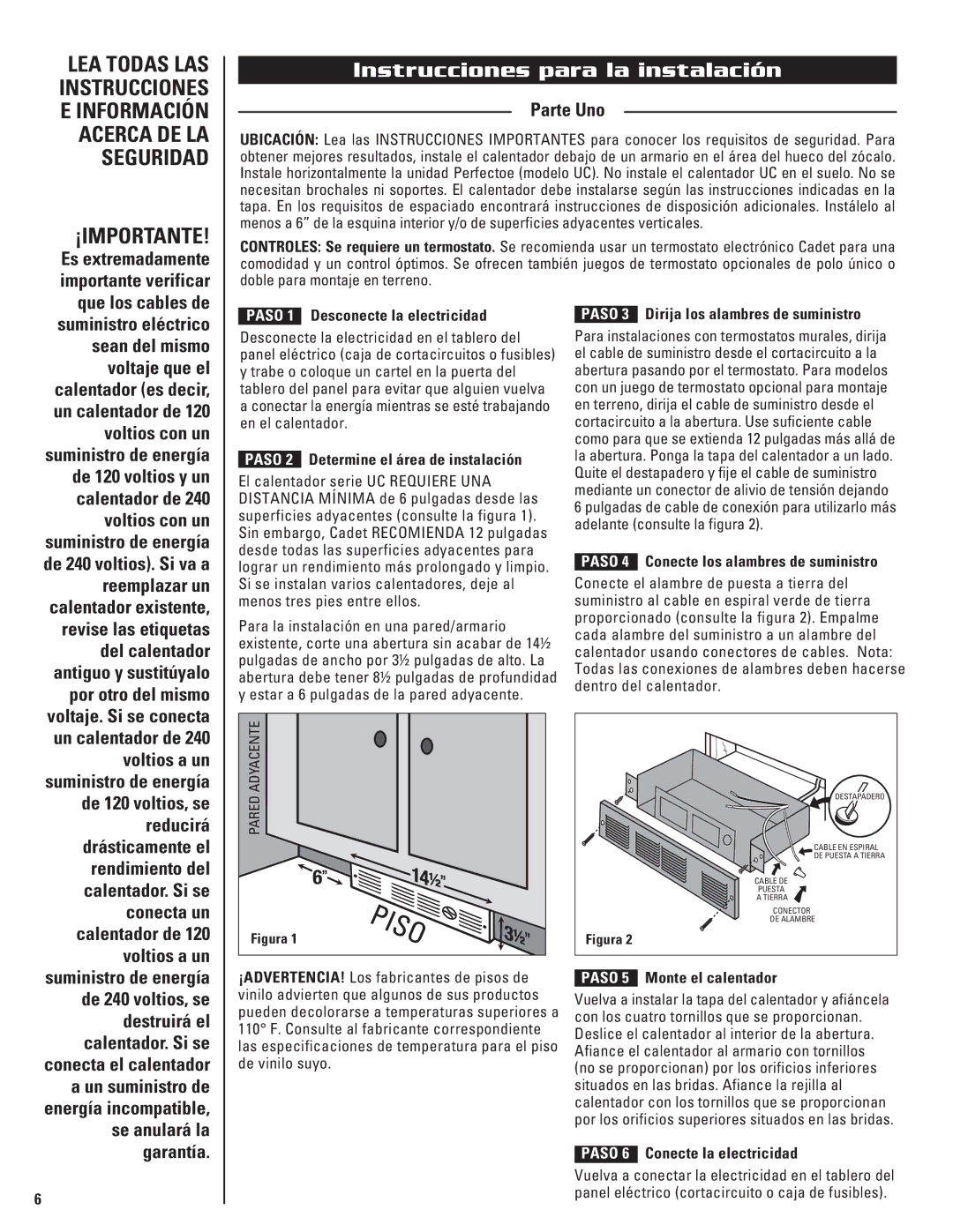 Cadet UC101, UC072, UC102 warranty Instrucciones para la instalación, Parte Uno, Garantía 