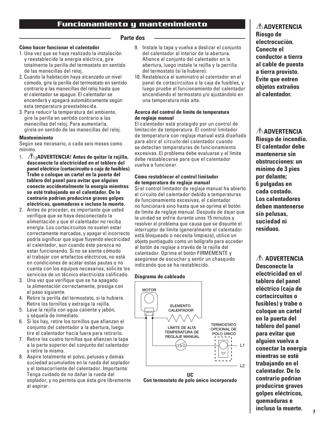 Cadet UC072, UC101, UC102 warranty Funcionamiento y mantenimiento, Parte dos, Advertencia Riesgo de electrocución 