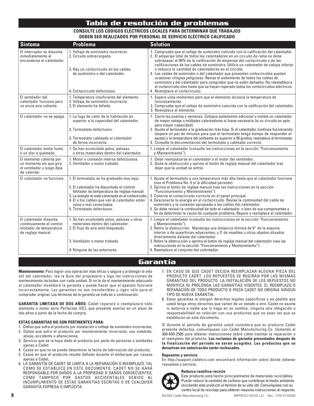 Cadet UC102 Tabla de resolución de problemas, Síntoma Problema Solution, Estas Garantías no SON Pertinentes Para 