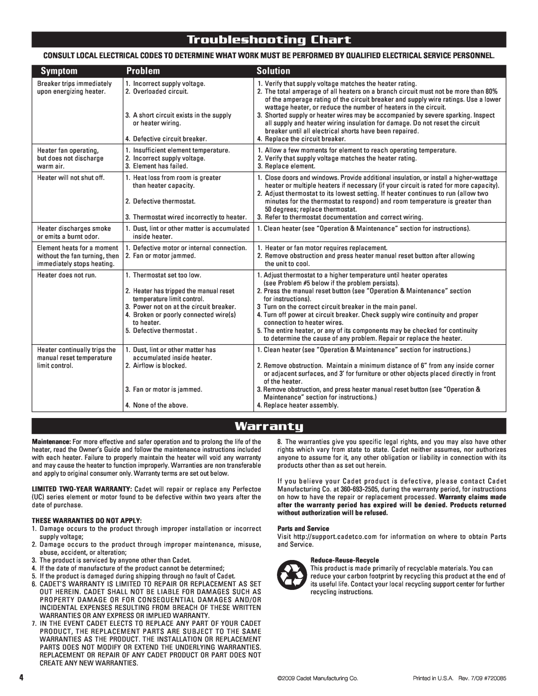 Cadet UC072 Troubleshooting Chart, Warranty, Symptom, Problem, Solution, These Warranties Do Not Apply, Parts and Service 
