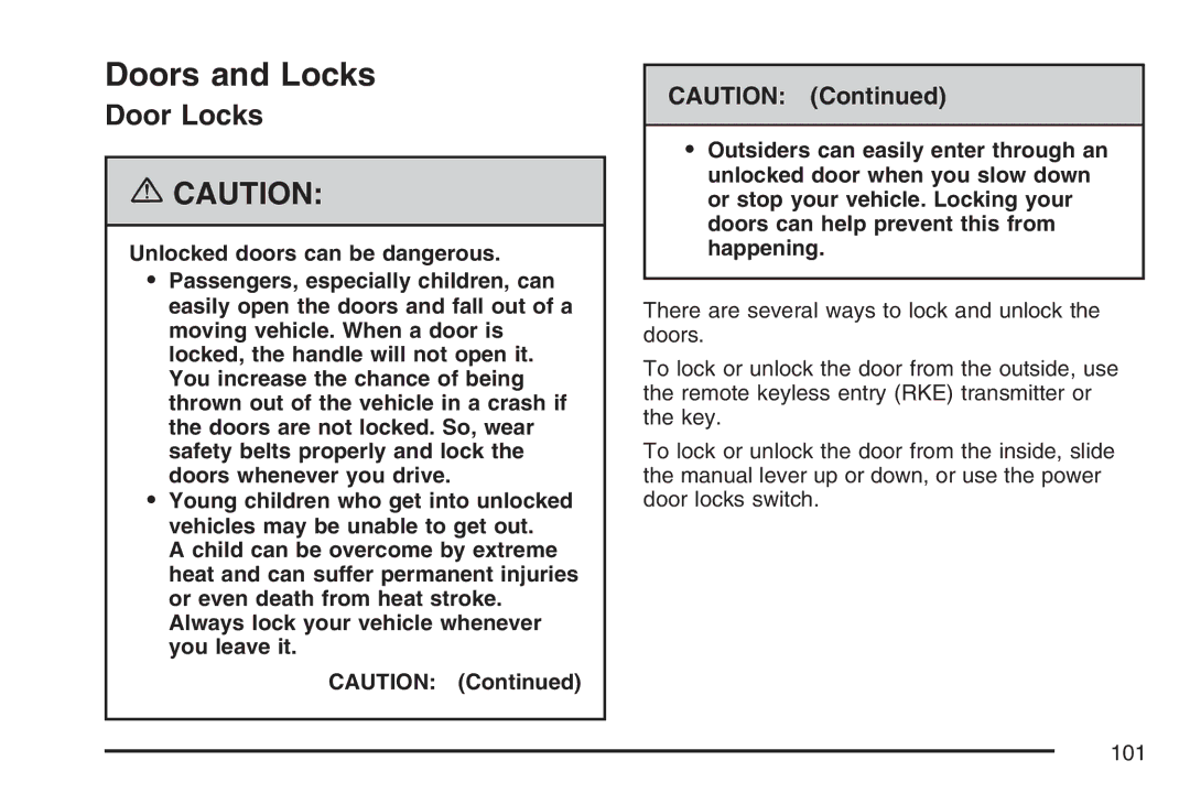 Cadillac 2007 owner manual Doors and Locks, Door Locks 