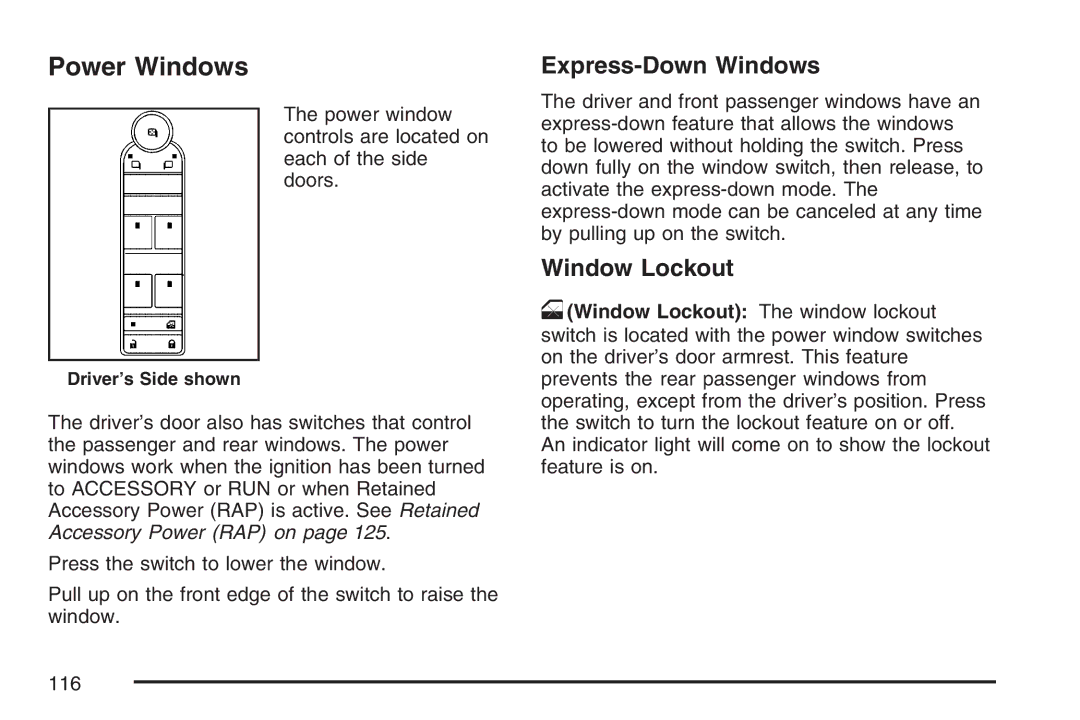 Cadillac 2007 owner manual Power Windows, Express-Down Windows, Window Lockout 