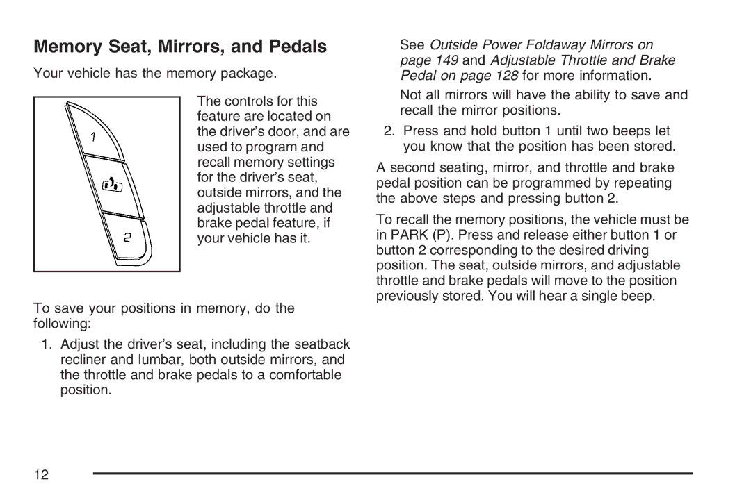 Cadillac 2007 owner manual Memory Seat, Mirrors, and Pedals 