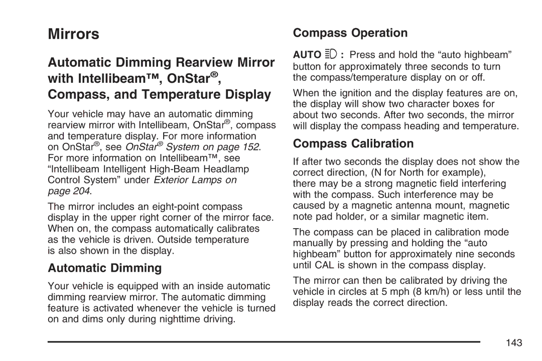 Cadillac 2007 owner manual Mirrors, Automatic Dimming, Compass Operation, Compass Calibration 