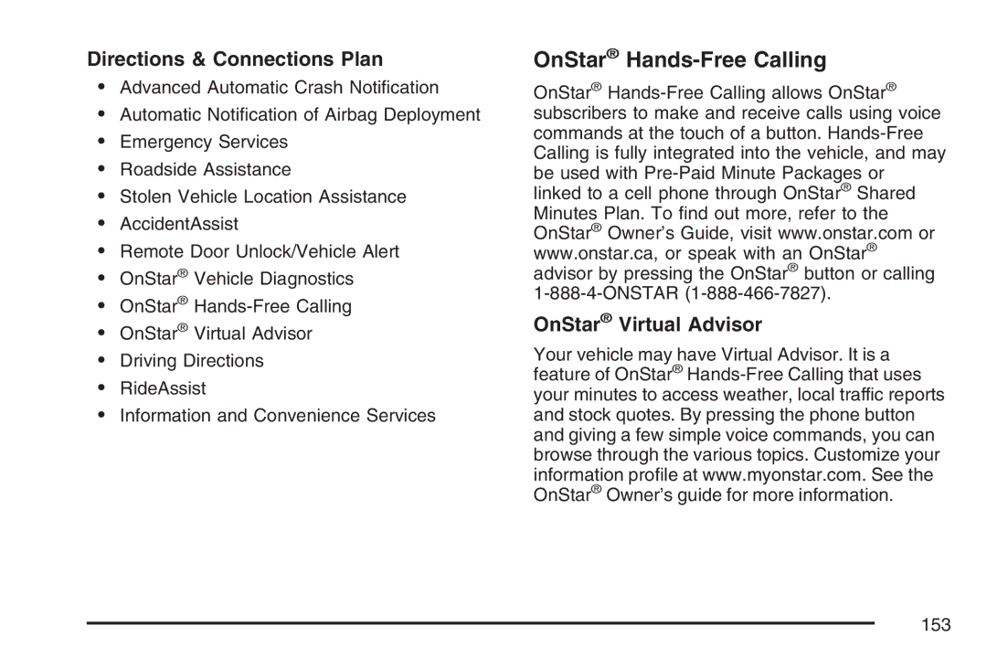 Cadillac 2007 owner manual OnStar Hands-Free Calling, Directions & Connections Plan, OnStar Virtual Advisor 