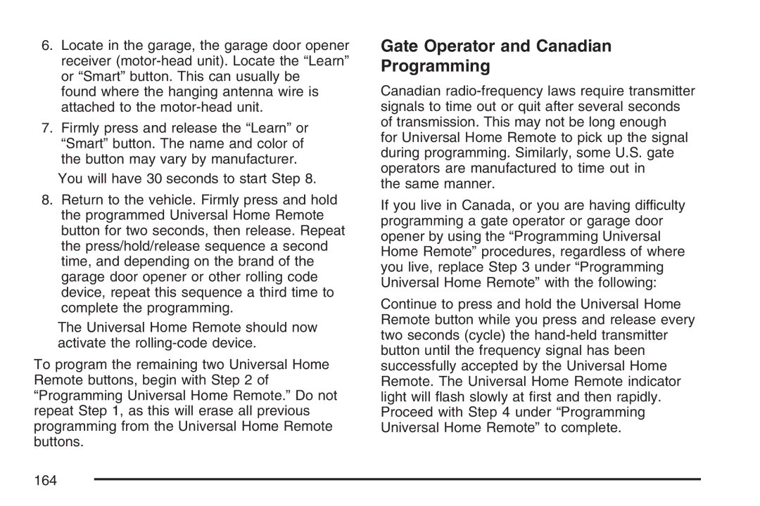 Cadillac 2007 owner manual Gate Operator and Canadian Programming 