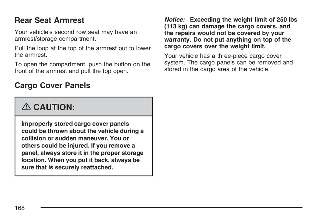 Cadillac 2007 owner manual Rear Seat Armrest, Cargo Cover Panels 