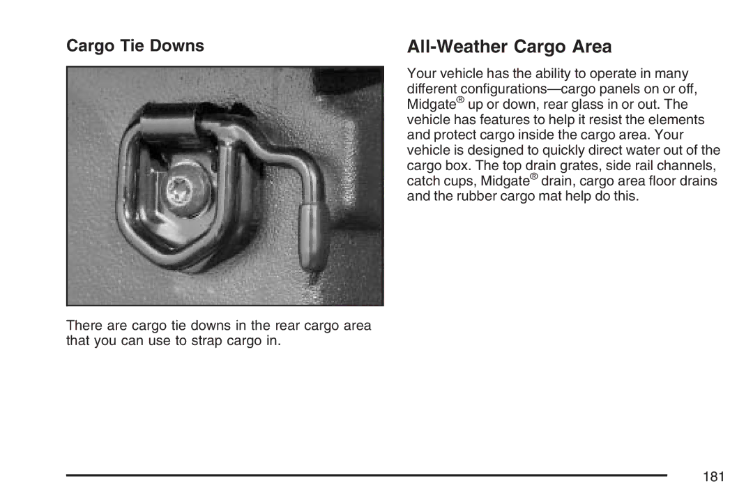 Cadillac 2007 owner manual All-Weather Cargo Area, Cargo Tie Downs 