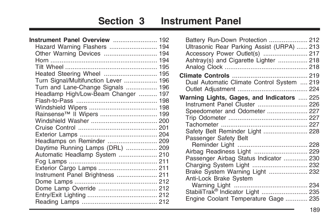 Cadillac 2007 owner manual Instrument Panel 