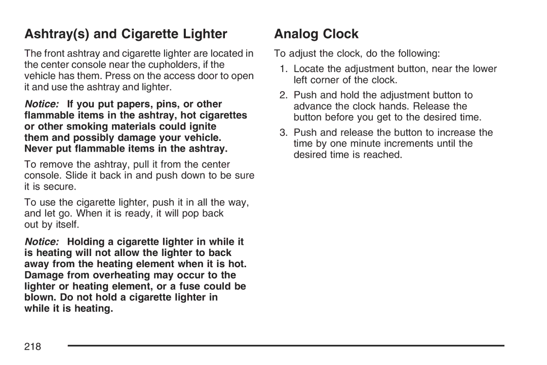 Cadillac 2007 owner manual Ashtrays and Cigarette Lighter, Analog Clock 