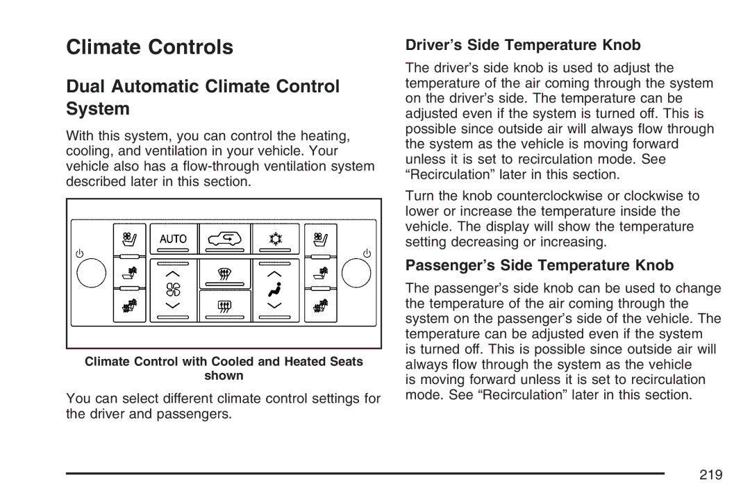 Cadillac 2007 owner manual Climate Controls, Dual Automatic Climate Control System, Driver’s Side Temperature Knob 