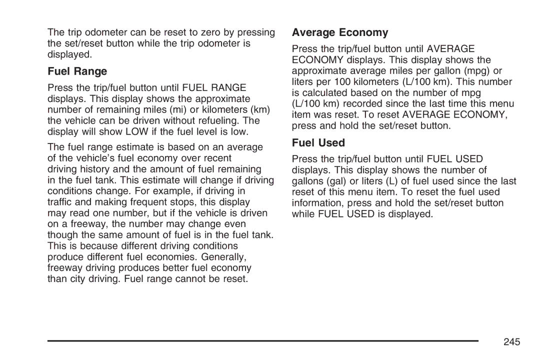 Cadillac 2007 owner manual Fuel Range, Average Economy, Fuel Used 