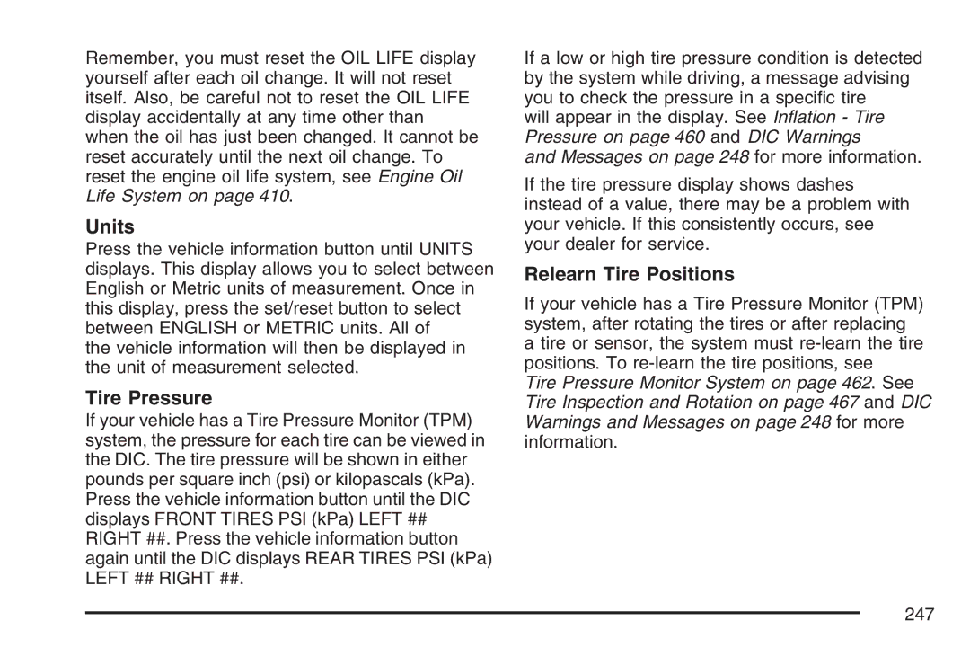 Cadillac 2007 owner manual Units, Tire Pressure, Relearn Tire Positions 