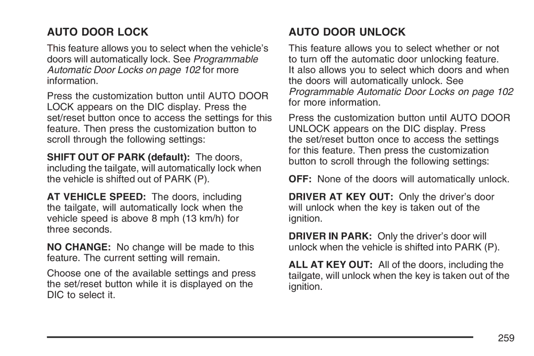 Cadillac 2007 owner manual Auto Door Lock 