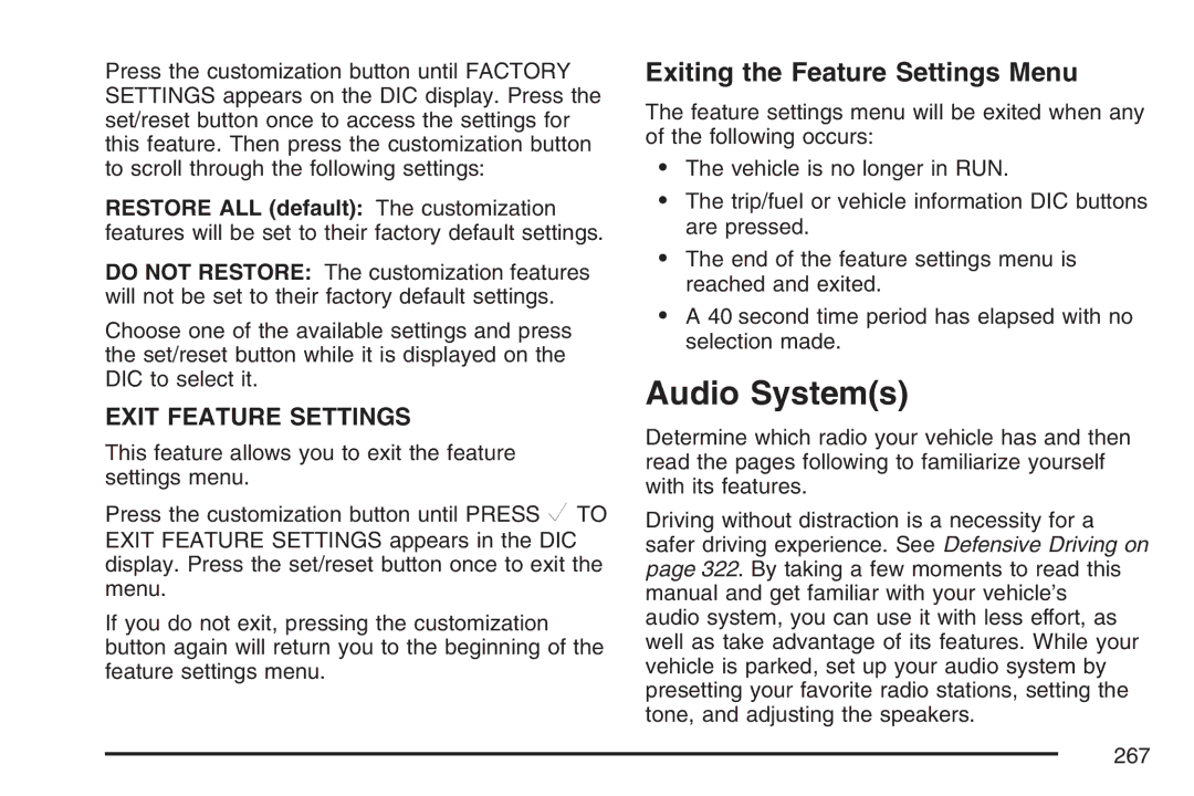 Cadillac 2007 owner manual Audio Systems, Exiting the Feature Settings Menu 