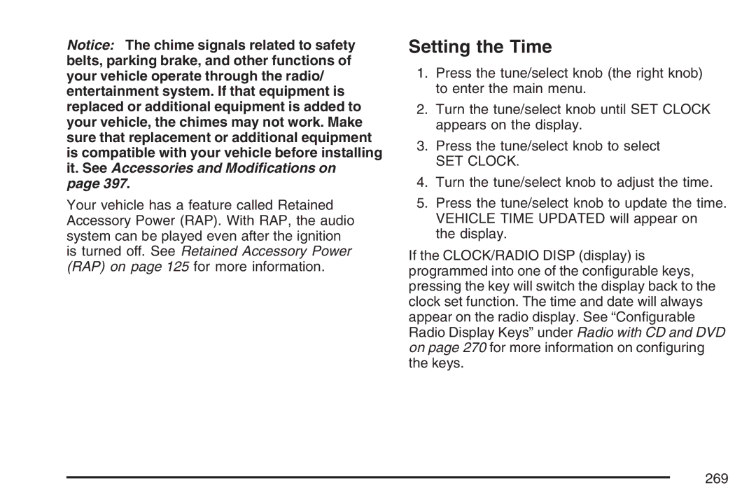 Cadillac 2007 owner manual Setting the Time, SET Clock 