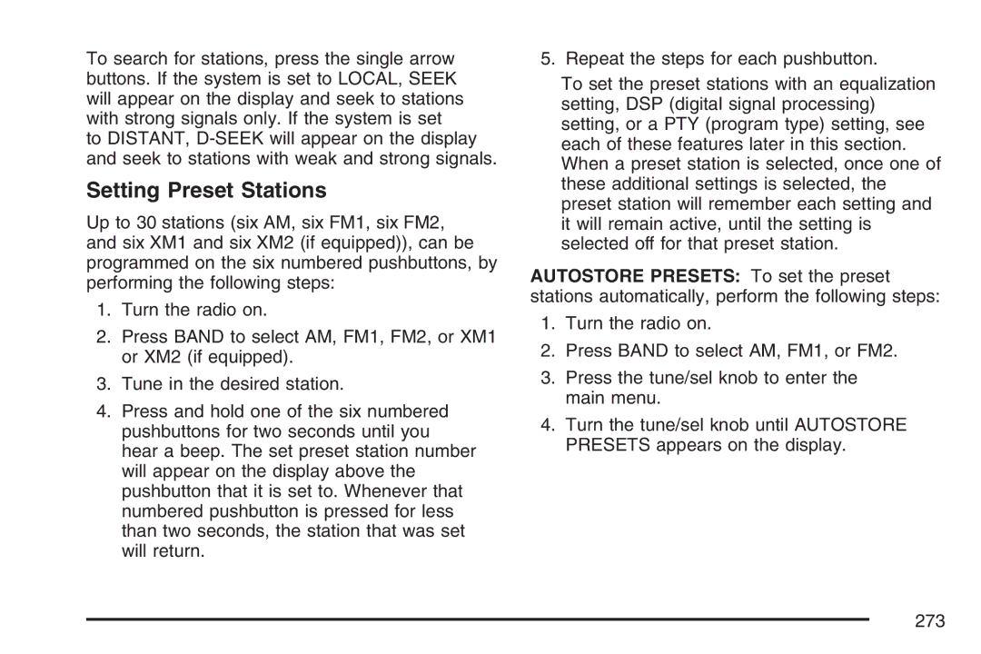 Cadillac 2007 owner manual Setting Preset Stations 