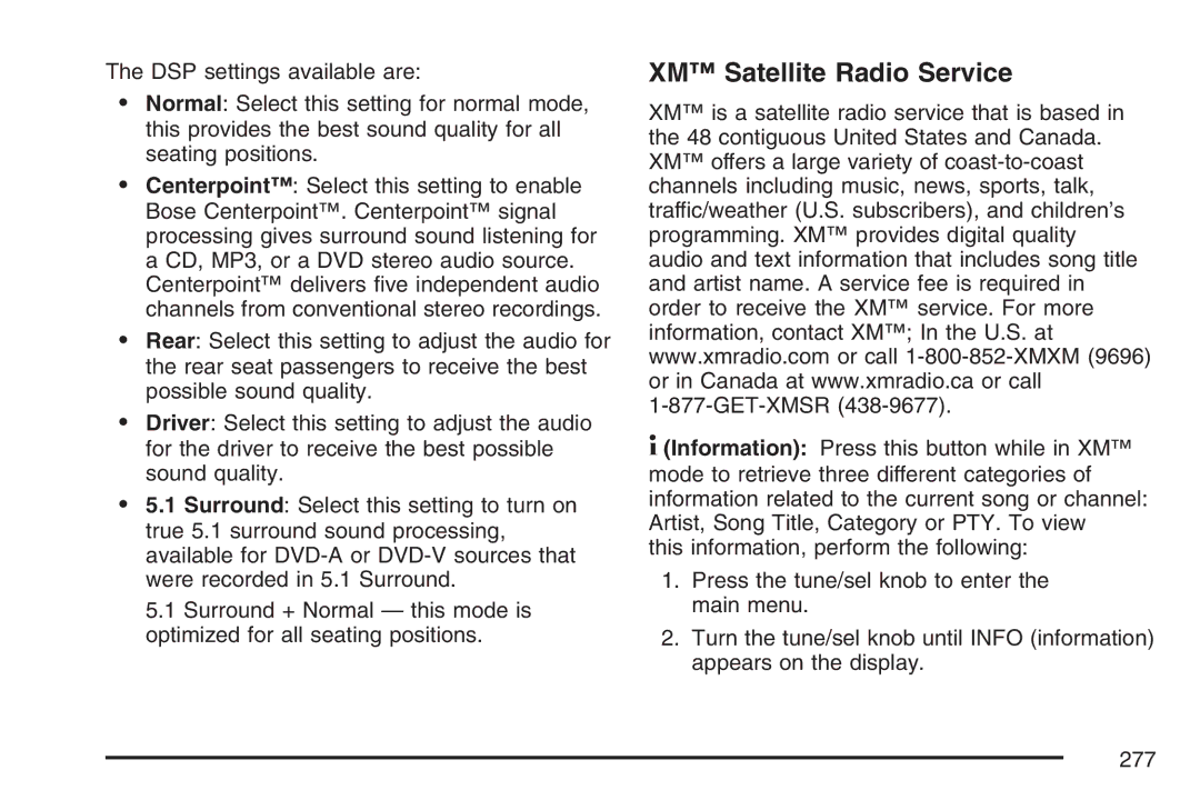 Cadillac 2007 owner manual XM Satellite Radio Service 