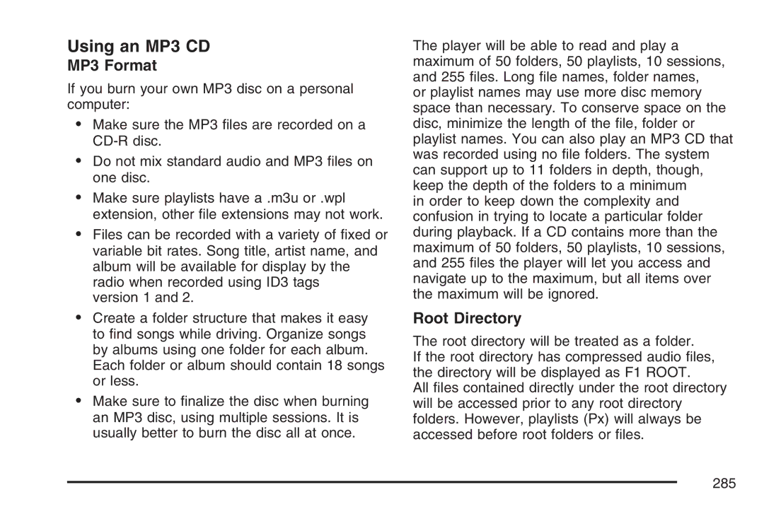 Cadillac 2007 owner manual Using an MP3 CD, MP3 Format, Root Directory 