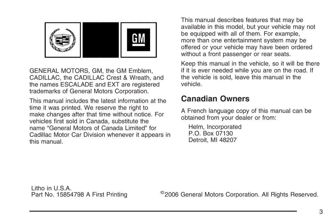 Cadillac 2007 owner manual Canadian Owners 