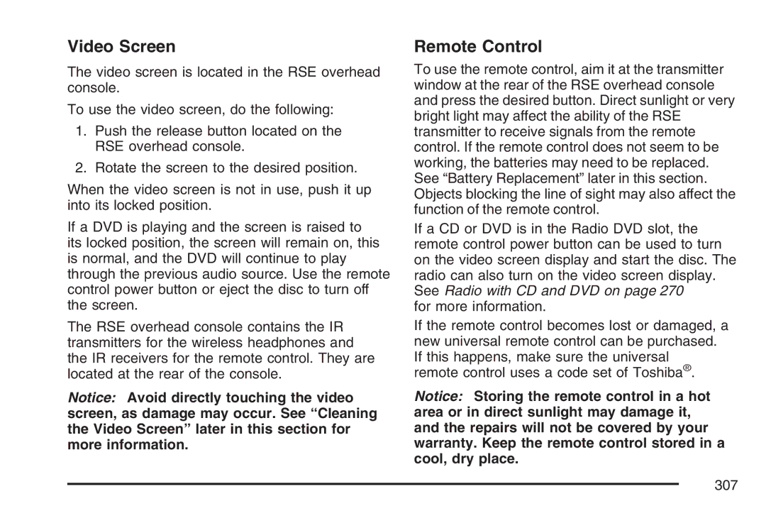 Cadillac 2007 owner manual Video Screen, Remote Control 