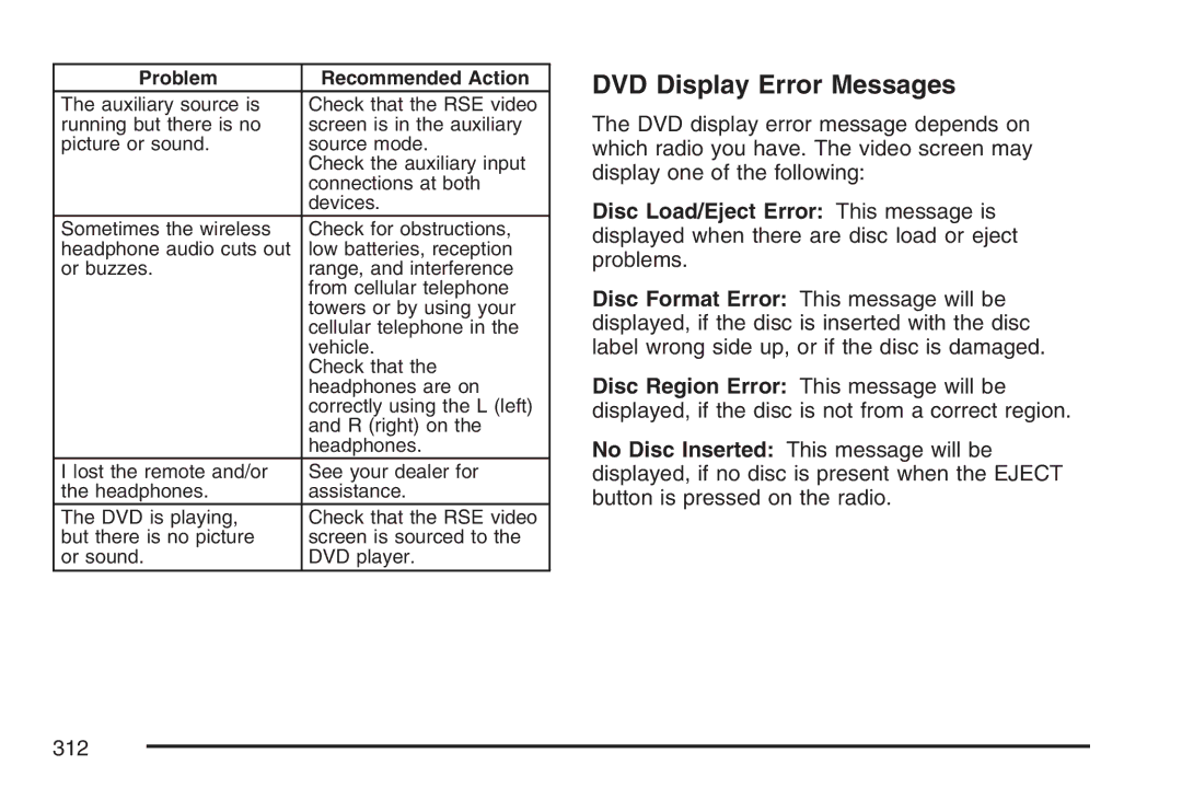 Cadillac 2007 owner manual DVD Display Error Messages 