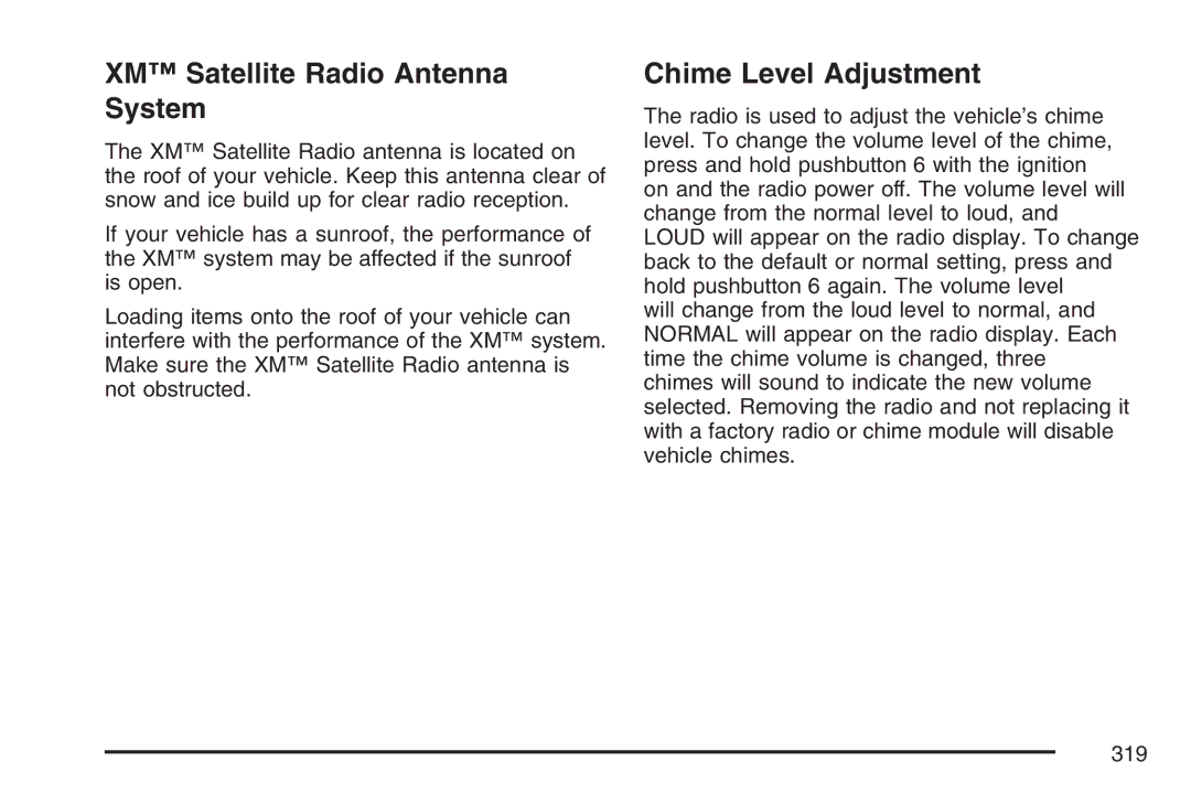 Cadillac 2007 owner manual XM Satellite Radio Antenna System, Chime Level Adjustment 