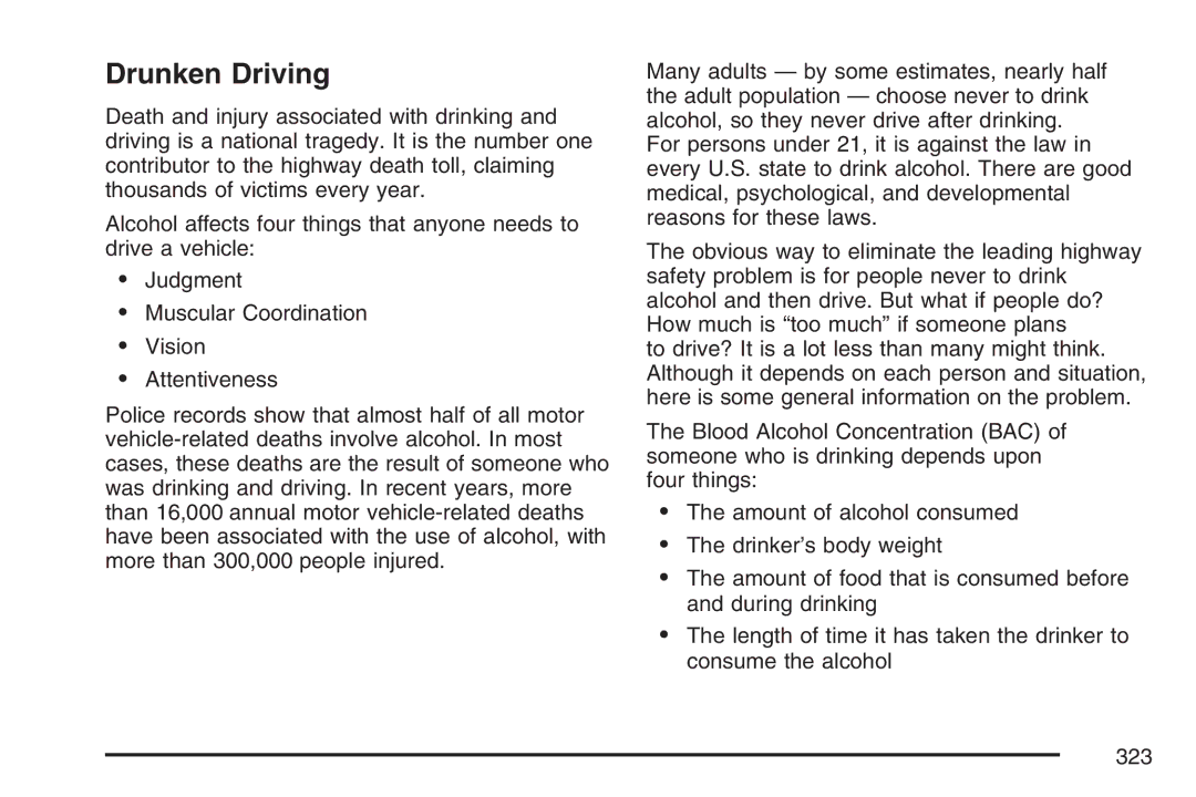 Cadillac 2007 owner manual Drunken Driving 