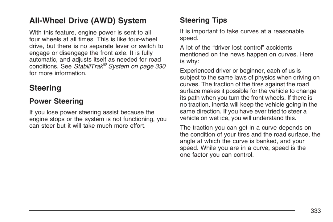 Cadillac 2007 owner manual All-Wheel Drive AWD System, Power Steering, Steering Tips 