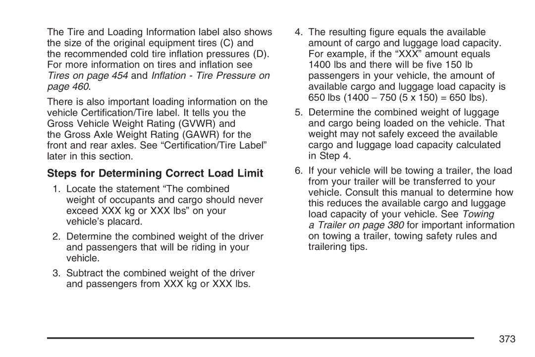 Cadillac 2007 owner manual Steps for Determining Correct Load Limit 