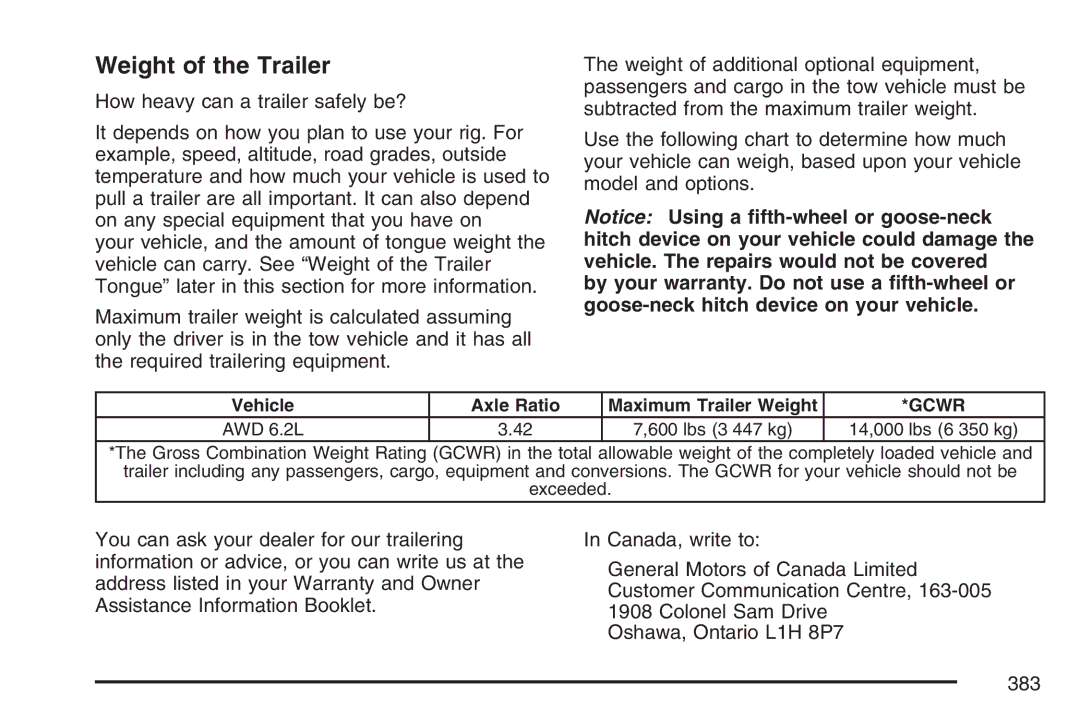 Cadillac 2007 owner manual Weight of the Trailer, Gcwr 