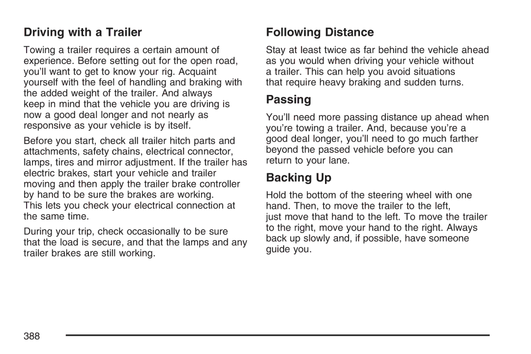 Cadillac 2007 owner manual Driving with a Trailer, Following Distance, Passing, Backing Up 