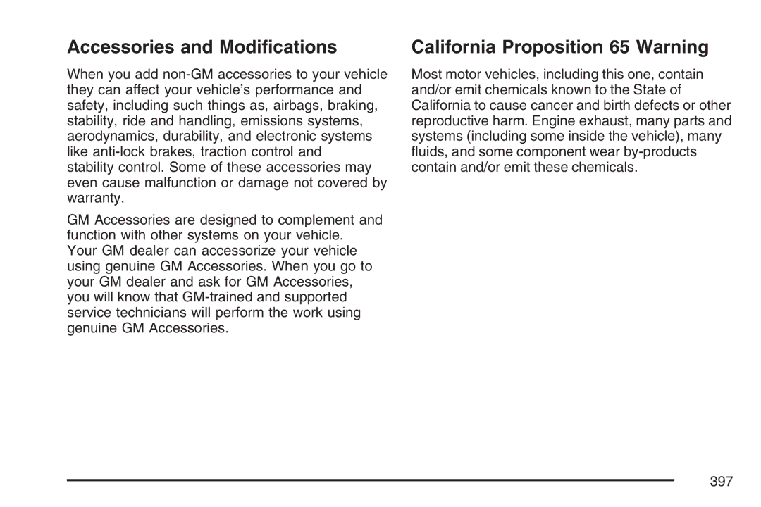 Cadillac 2007 owner manual Accessories and Modiﬁcations, California Proposition 65 Warning 