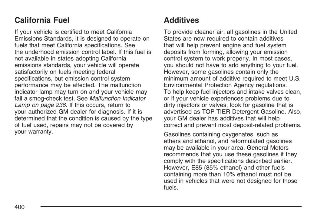 Cadillac 2007 owner manual California Fuel, Additives 