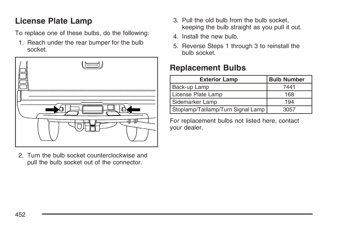 Cadillac 2007 owner manual License Plate Lamp, Replacement Bulbs 