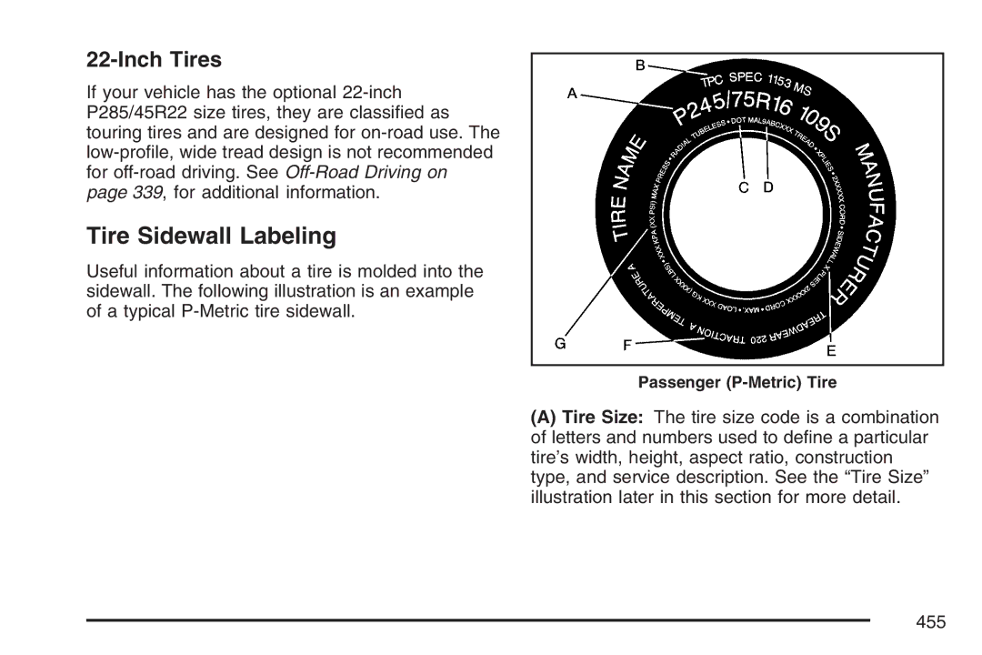 Cadillac 2007 owner manual Tire Sidewall Labeling, Inch Tires 